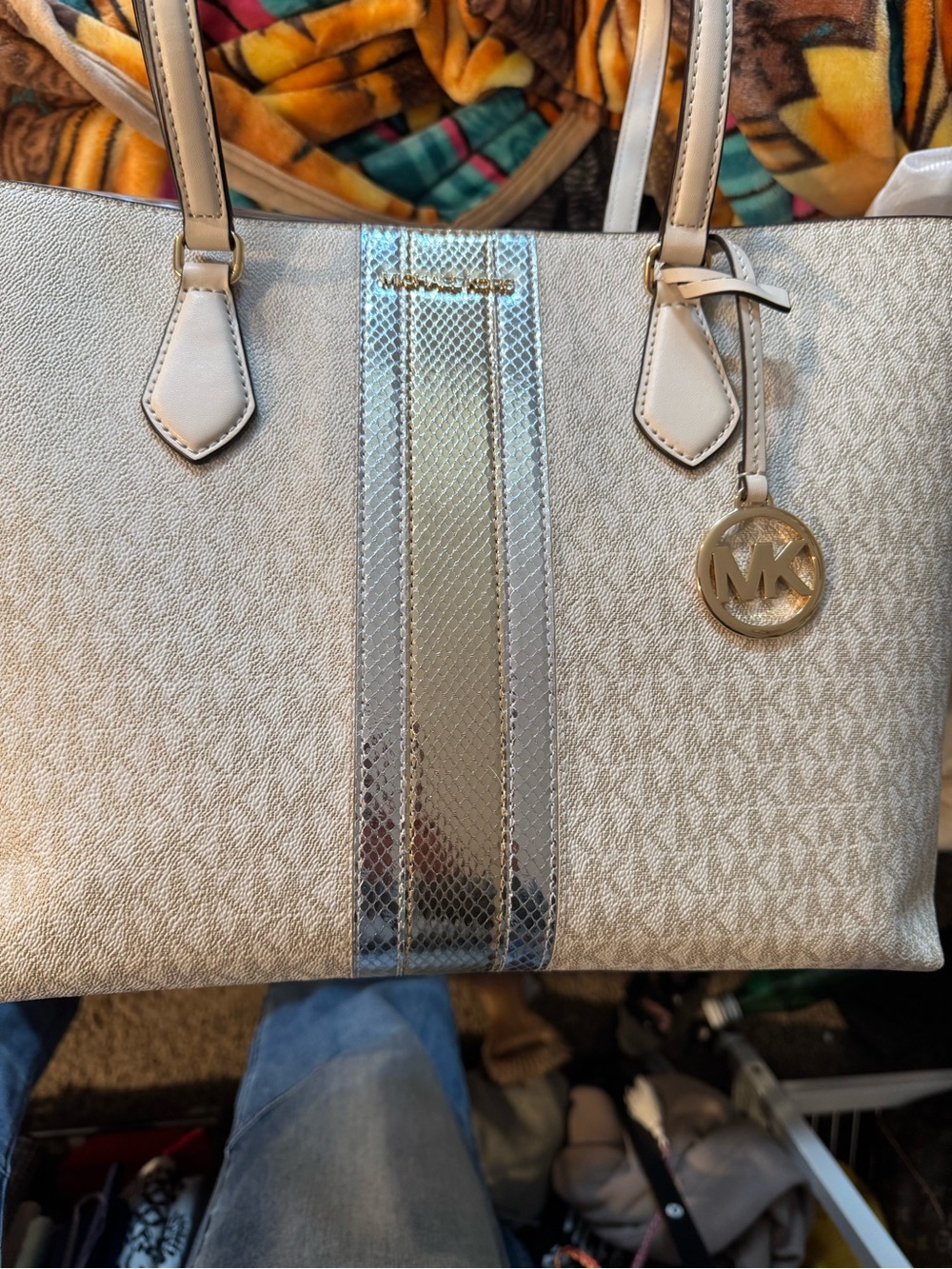 Michael Kors Cream Tote with Silver Center Stripe and Gold Logo Charm